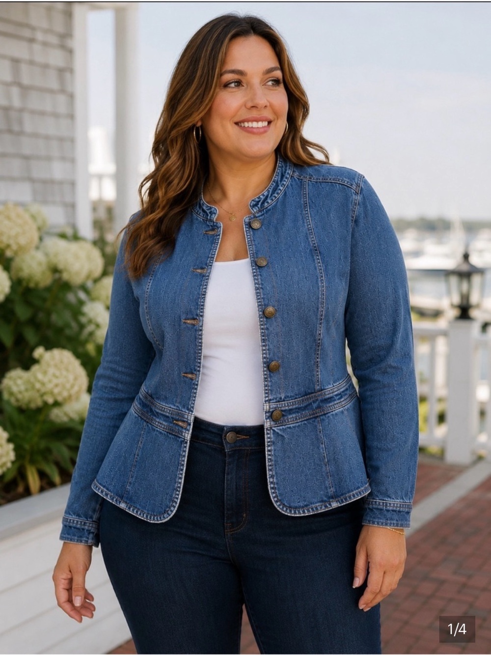 A.N.A. Peplum Denim Jacket 1X Plus Size Tailored Button Front Blue